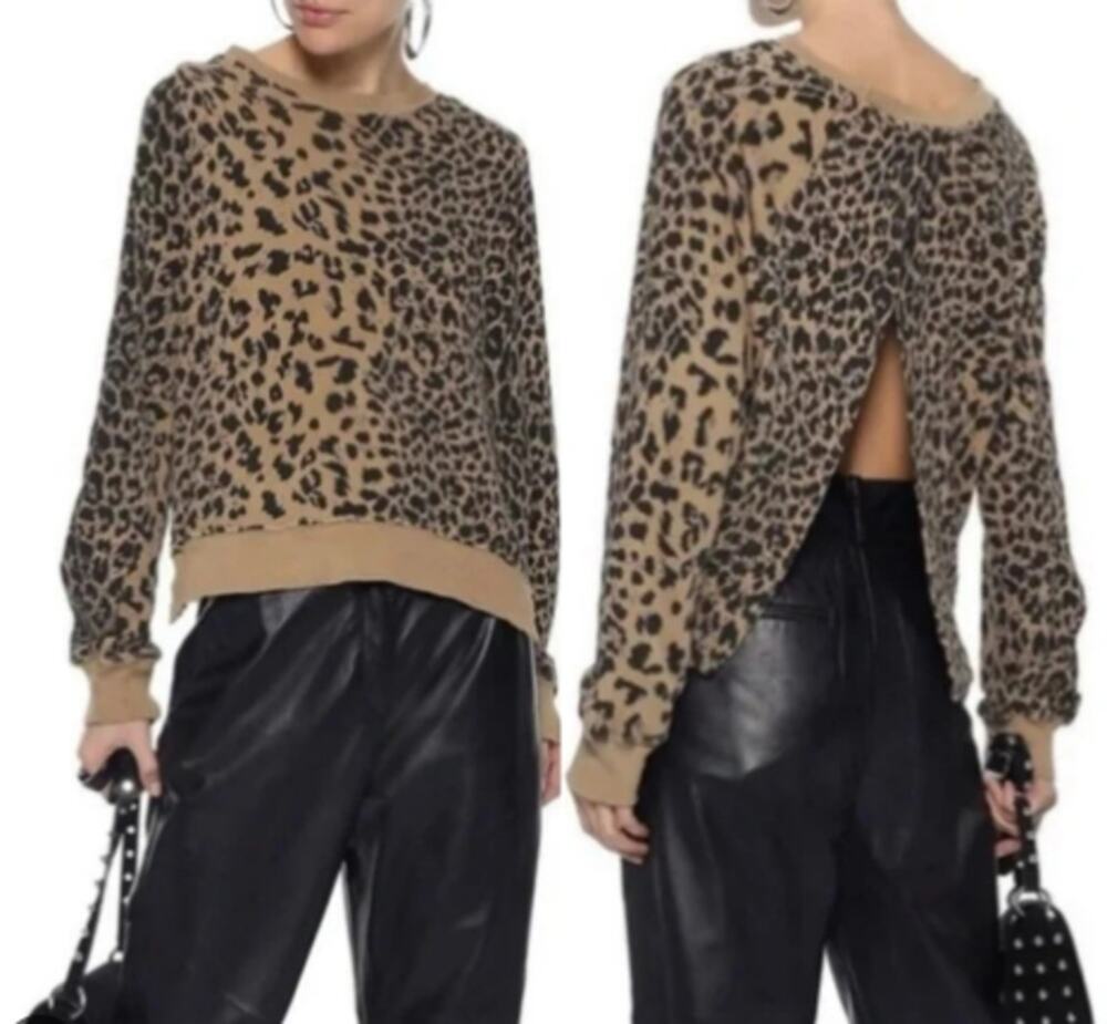 Current/Elliott Leopard Crew Neck Sweater Open Back Oversized Brown Black 1 S